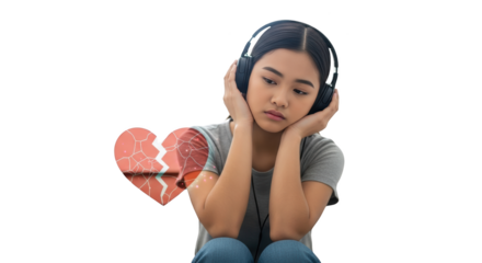 Sad Girl Listening to Music creative illustration featuring love, isolated, grief, depressed, portrait, head