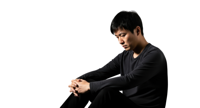 Sad Asian Man Looking Down creative illustration featuring black shirt, contemplation, human, studio, person, thoughtful design - Powered by Adobe