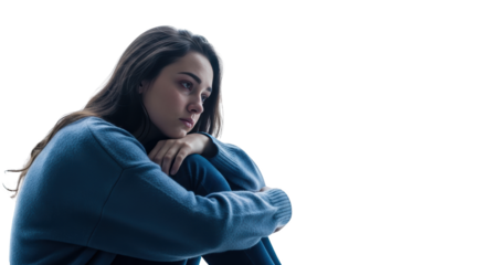 Sad Woman Embracing Her Knees creative illustration featuring thoughtful, understanding, feeling, psychology, care, therapy design