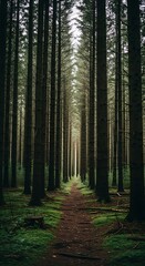 Sunlit Path Through a Dense and Serene Forest.