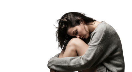 Sad young woman crying alone on a white background creative illustration featuring heartbroken, vulnerable, sitting, alone,