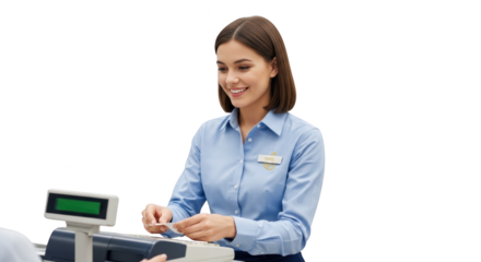 Smiling cashier processing credit card creative illustration featuring trade, happy, service, register, financial, tag design concept for modern