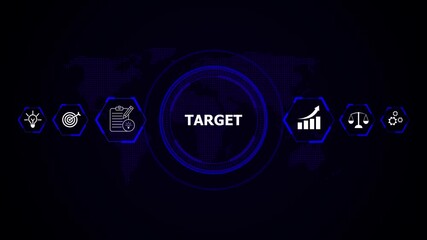 Futuristic digital interface displaying target achievement growth and business strategy icons, Futuristic digital icons symbolize achievement. Corporate planning inspires progress . - Powered by Adobe