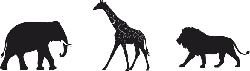 African wild animal silhouette vector illustration featuring elephant, giraffe, and lion for safari, wildlife, and nature design projects