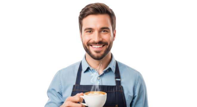 Smiling Barista Holding Steaming Latte Art Coffee creative illustration featuring espresso, cappuccino, employee, man, design, professional design concept - Powered by Adobe