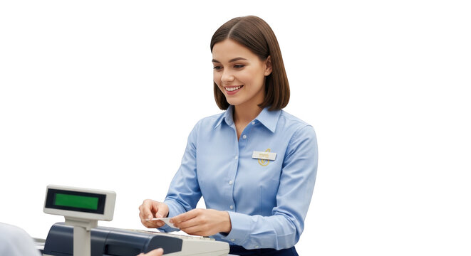 Smiling cashier processing credit card creative illustration featuring trade, happy, service, register, financial, tag design concept for modern