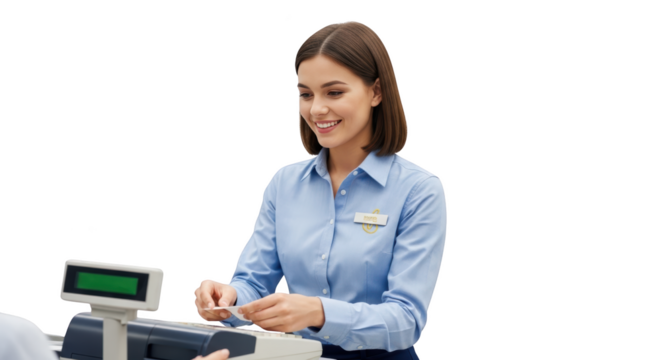 Smiling cashier processing credit card creative illustration featuring trade, happy, service, register, financial, tag design concept for modern