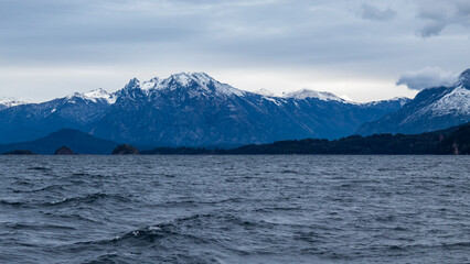 lake in the mountains San Carlos de Bariloche Patagonia Argentina glacial lake Nahuel Huapi, next to the Andes Mountains, base city for skiing in the mountains