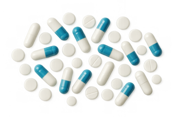 White and blue capsules with tablets for medication, healthcare, and pharmacy concepts on transparent background