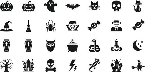 Collection of halloween icons and symbols for spooky season celebrations isolated on transparent background