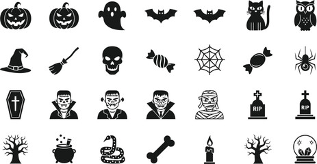 Collection of spooky halloween icons including pumpkins ghosts bats skulls witches and monsters isolated on transparent background