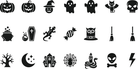 Collection of spooky halloween icons including pumpkins ghosts skulls witches hats and more isolated on transparent background
