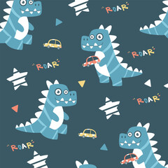 blue cute t-rex dinosaur seamless pattern vector cartoon design for kids apparel fullprint © Rizki