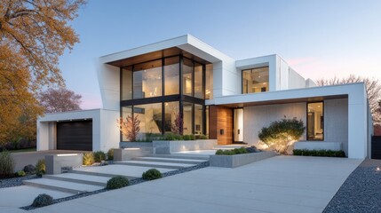 Contemporary style house with sleek geometric lines, white concrete walls, and expansive glass windows surrounded by minimalist landscaping
