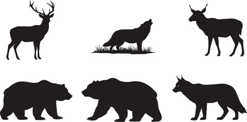 Wild animal silhouette vector set featuring bear, wolf, deer, and antelope for wildlife, forest, and nature design projects