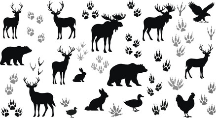 Wild animal silhouette vector set with deer, bear, moose, bird, rabbit and footprints for wildlife, forest, and nature design