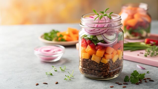 Colorful layered salad in a jar with fresh herbs and vegetables
