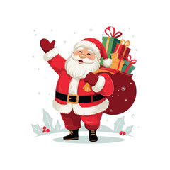Cheerful Santa Claus Waving with Gift Sack – Merry Christmas Illustration on White Background