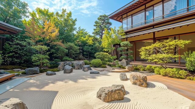 Serene Japanese garden with raked sand, smooth stones, and lush greenery creates tranquil atmosphere for relaxation and reflection in nature