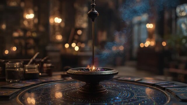 A dimly lit room with burning incense, a divination table, and playing cards