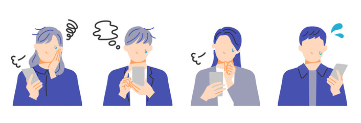 スマホを持って悩んでいる様々なビジネスパーソンのイラスト。フラットデザイン。