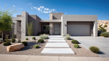 Minimalist contemporary house with neutral tones, clean surfaces, and large front yard with symmetrical landscape design