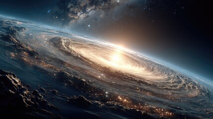 Fototapeta premium Black hole, Dramatic Earth View: Planet on the Edge of a Cosmic Black Hole or Vortex, Science Fiction Concept: Planet Earth Entering a Glowing Celestial Wormhole