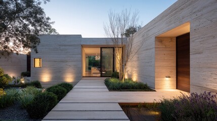 Minimalist L-shaped house exterior featuring natural stone textures, clean lines, and an open garden patio illuminated at dusk