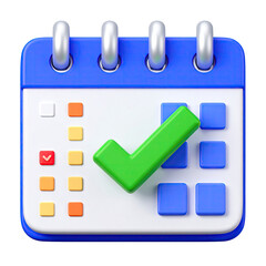 Blue calendar with green checkmark and colorful boxes