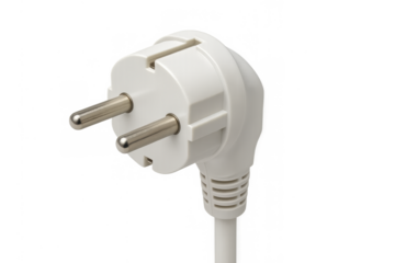 White electric power plug and cable providing essential energy for household electronics, clean transparent background