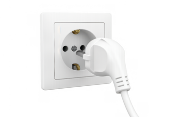 White power plug connecting into a wall socket, providing electricity and household energy for devices