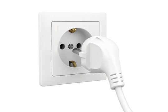 White power plug connecting into a wall socket, providing electricity and household energy for devices