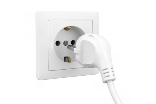 White power plug connecting into a wall socket, providing electricity and household energy for devices
