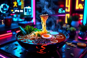 Neon Ramen Feast A Delicious Cyberpunk Meal Noodle Perfection