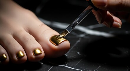 Close-up of Golden Nail Polish Application on Pedicured Foot, Dark Background.