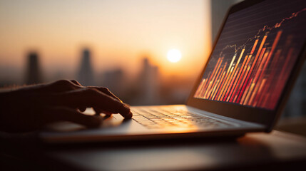 Orange Sunset View as Hand Works Quickly on Laptop Displaying Financial Data, Generative AI