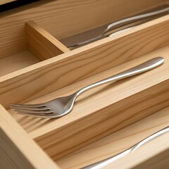 Silver Fork in Wooden Drawer - Minimalist Kitchenware Still Life.