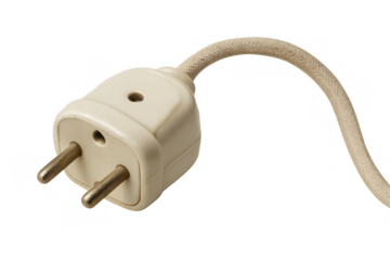 Vintage electric power plug with textile cable providing electricity on transparent background