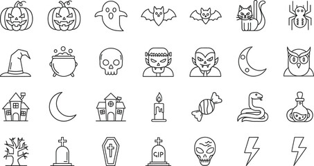 Collection of hand drawn halloween icons featuring spooky characters and symbols isolated on transparent background