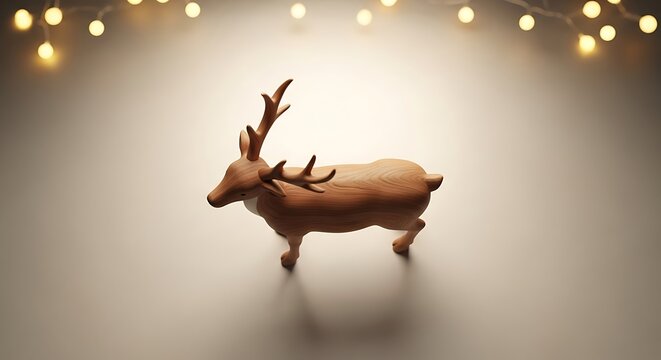 Handcrafted wooden deer figurine bathed in warm holiday light adds rustic charm to any winter scene