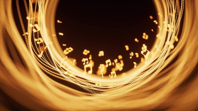 Music notes and glowing neon lines, 3d rendering.