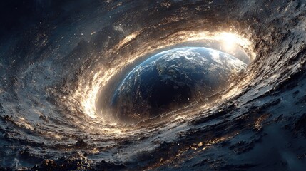 Black hole, Dramatic Earth View: Planet on the Edge of a Cosmic Black Hole or Vortex, Science Fiction Concept: Planet Earth Entering a Glowing Celestial Wormhole