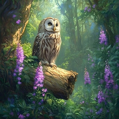 Owl in the forest, Mystical Owl in Enchanted Forest, "Mysterious Owl Perched in the Forest", "Enchanted Forest with an Owl", "Owl Watching in a Misty Forest", "Wild Owl Observing from a Tree", "Forest