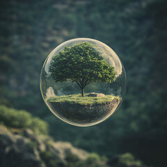 Floating tree in a bubble, Tree Floating in a Bubble of Reality, "Tree Floating in a Magical Bubble", "Surreal Floating Tree Encased in a Bubble", "Tree in a Floating Orb of Reality", "Mystical Tree F