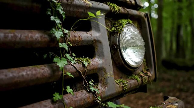 Old Rusty Truck Grill with Plants Growing on it in a Forest Setting, Nature's Reclamation