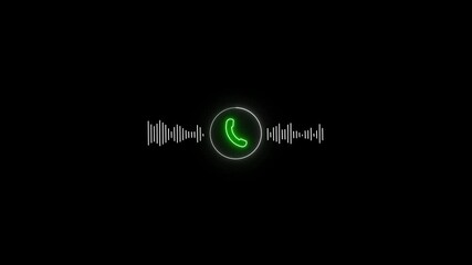 Neon green telephone icon with sound wave equalizer , Glowing green handset represents incoming and outgoing calls. Clean design highlights digital voice and energy flow.
