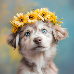 Puppy with flower crown, Adorable Puppy with Flower Crown, "Cute Puppy Wearing a Floral Crown", "Fluffy Puppy with Yellow Flowers", "Innocent Pup with a Flower Headpiece", "Adorable Dog with Floral Cr