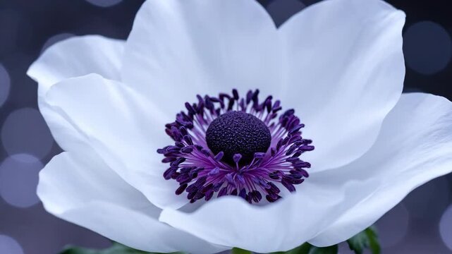 Stunning White Anemone Flower with a Purple Center Opening Its Petals, Time Lapse Video