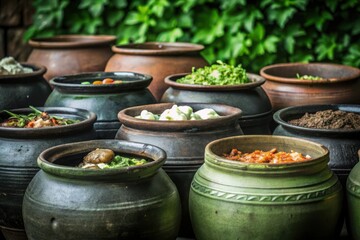 Fototapeta premium Assorted Food Dishes Cooking in Clay Pots Culinary Variety Eat