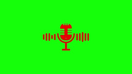 Red microphone icon with sound waves on green screen background audio music , Classic broadcast microphone highlights voice and audio waves. Graphic element emphasizes vintage media and music.